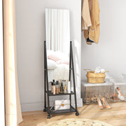 Full Length Dressing Mirror on Wheels with Adjustable Angle and Storage Shelves, White