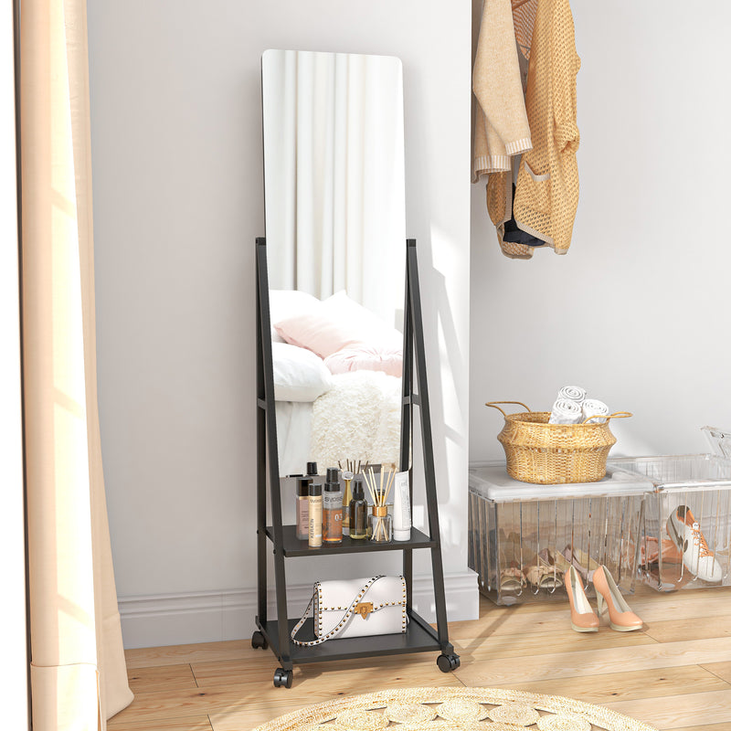 Full Length Dressing Mirror on Wheels with Adjustable Angle and Storage Shelves, White