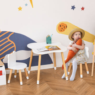 3 Piece Kids Table and Chair Set with Bear Shaped Seats for Toddlers Ages 1 to 4, White