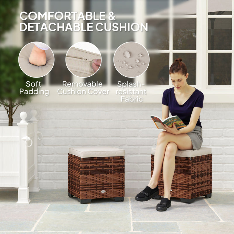 Set of 2 Rattan Storage Ottomans with Cushions for Garden Balcony and Indoor Use Beige by Outsunny