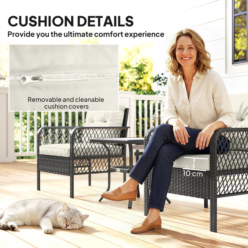 Rattan Garden Bistro Set for Small Outdoor Spaces Glass Table and 2 Chairs with Cushions Cream