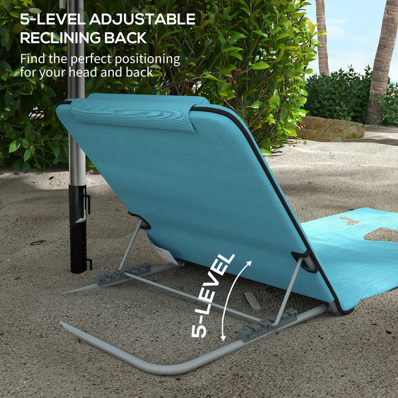 Set of 2 Blue Reclining Beach Chairs with Metal Frames for Garden Camping or Travel
