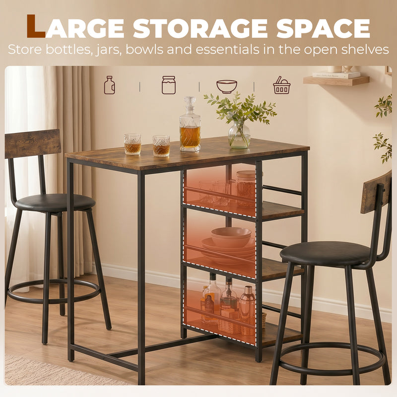 Bar Table Set with Storage Shelves and Space Saving Chairs for Small Dining Areas Rustic Brown