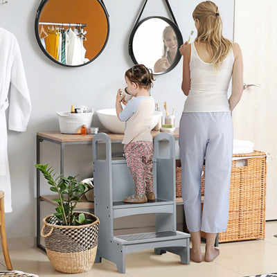 Grey Wooden Kids Step Stool with Non Slip Handles for Kitchen Help Ages 3 to 8 Years