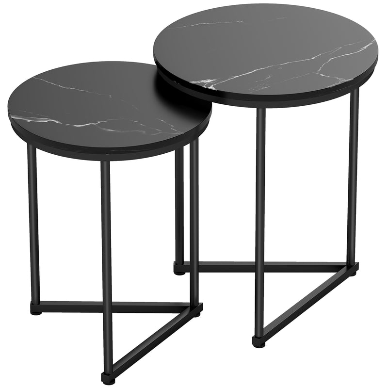 Round Coffee Tables, Nesting Tables Set For Living Room - Black Marble Effect Tops Space Saving Design