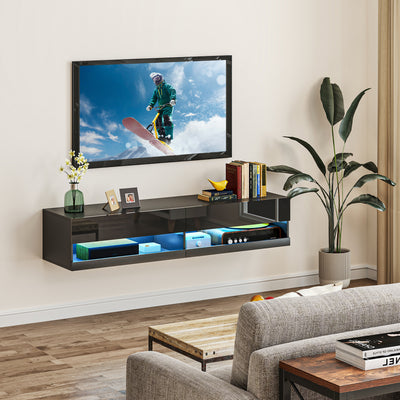 Wall Mounted TV Unit With LED Lights And Storage For TVs Up To 65 Inches, Black