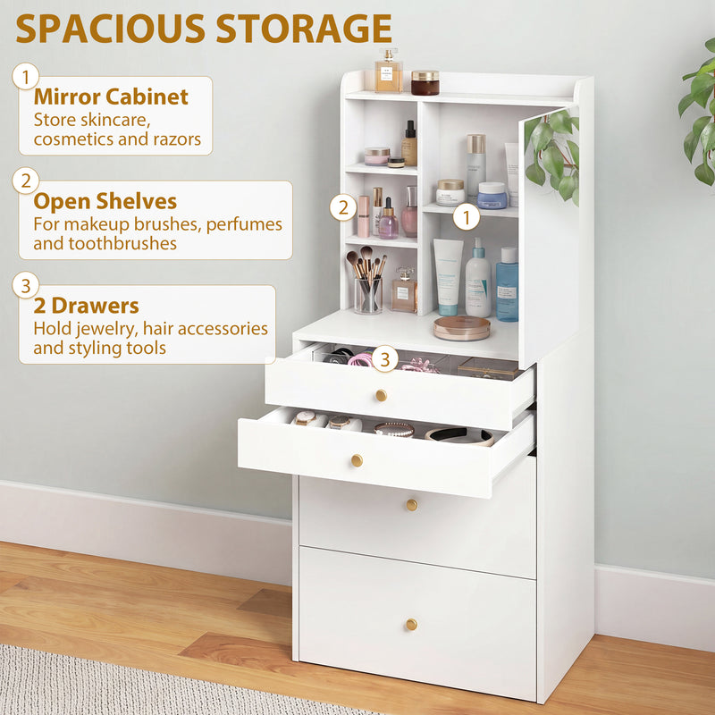 Dressing Table Set with Mirror and Storage Stool for Small Bedrooms White