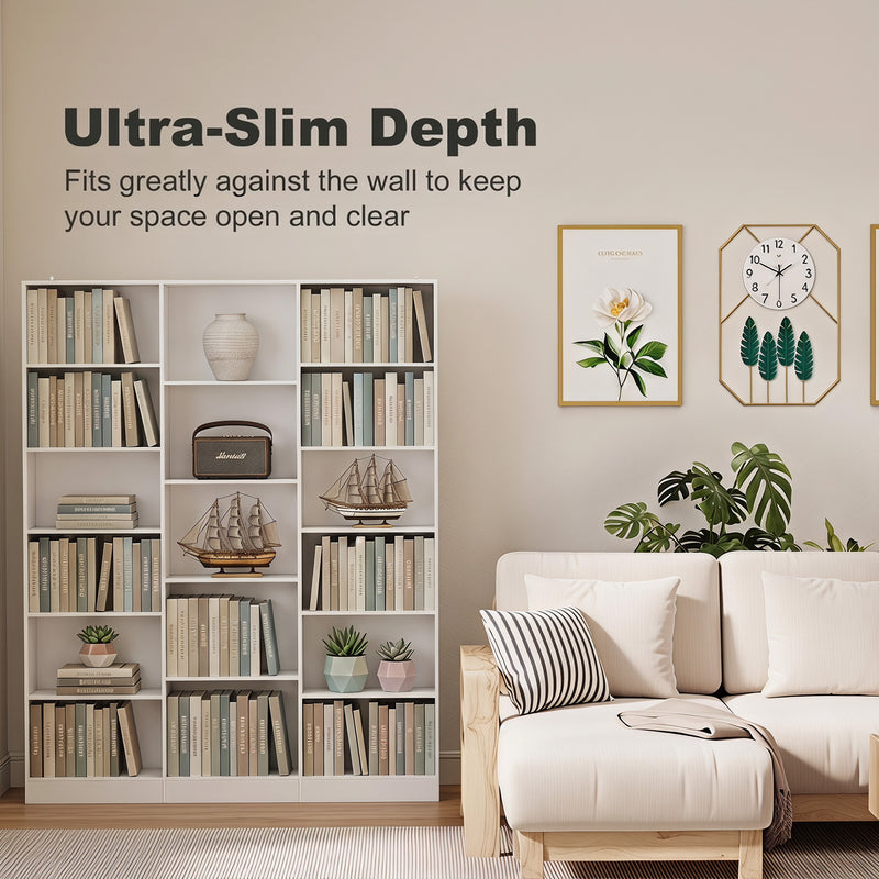 Slim Bookcase with Adjustable Shelves for Small Spaces and Hallways White