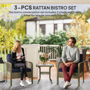 Charcoal Grey 3 Piece Rattan Bistro Set with Blue Cushions and Glass Table for Garden by Outsunny
