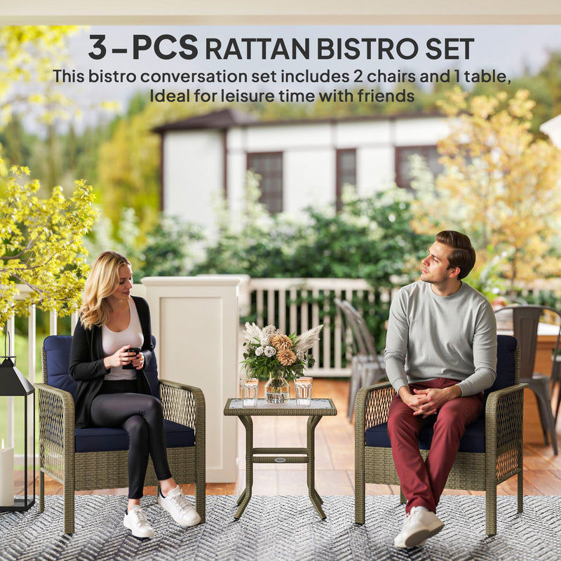 Charcoal Grey 3 Piece Rattan Bistro Set with Blue Cushions and Glass Table for Garden by Outsunny