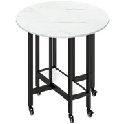 Folding Dining Table with Storage Shelf for Small Spaces on Wheels White Marble AOSOM