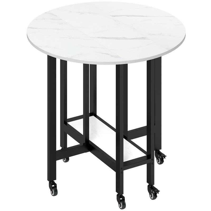 Folding Dining Table with Storage Shelf for Small Spaces on Wheels White Marble AOSOM