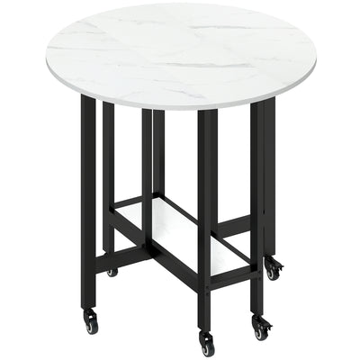 Folding Dining Table with Storage Shelf for Small Spaces on Wheels White Marble AOSOM