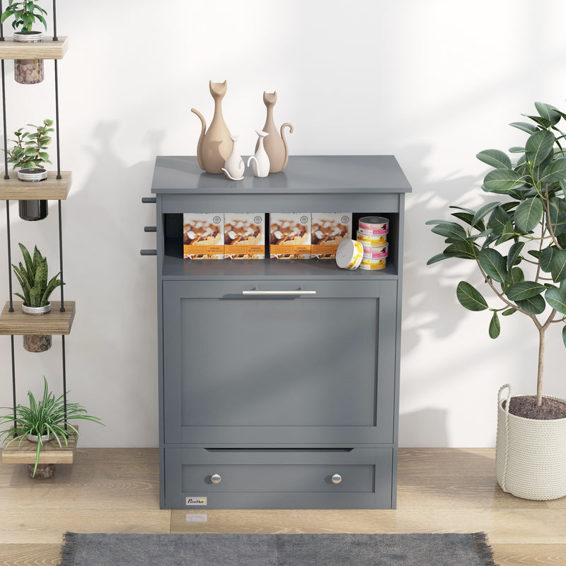 Pet Feeding Station With Raised Bowls Storage Cabinet And Hook For Dogs And Cats, Grey