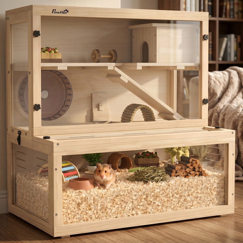 Hamster and Gerbil Cage with Easy Access Panels for Quick Cleaning Natural Wood