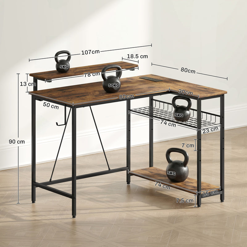 L Shaped Corner Desk with Shelves and Power Outlets for Organised Home Office Rustic Brown
