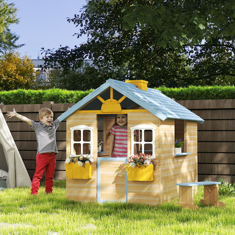 Wooden Outdoor Playhouse for Children with Bench and Plant Boxes for Creative Garden Play Blue