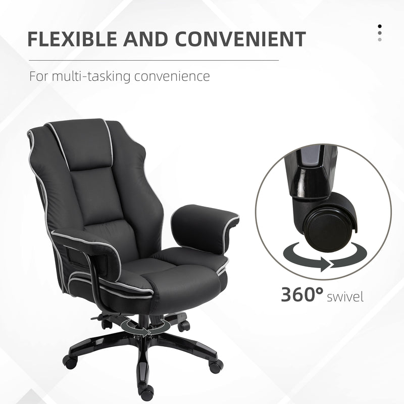 Black Faux Leather Executive Office Chair with White Piping and Padded Armrests