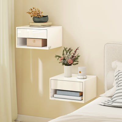 Floating Bedside Tables Set of 2 with Drawer and Shelf for Space Saving Storage High Gloss White AOSOM