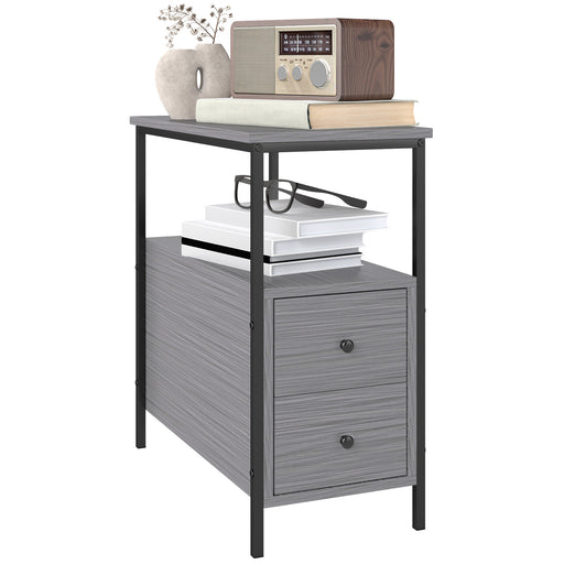 Narrow Grey Wood Bedside Table with 2 Drawers and Shelf for Small Spaces