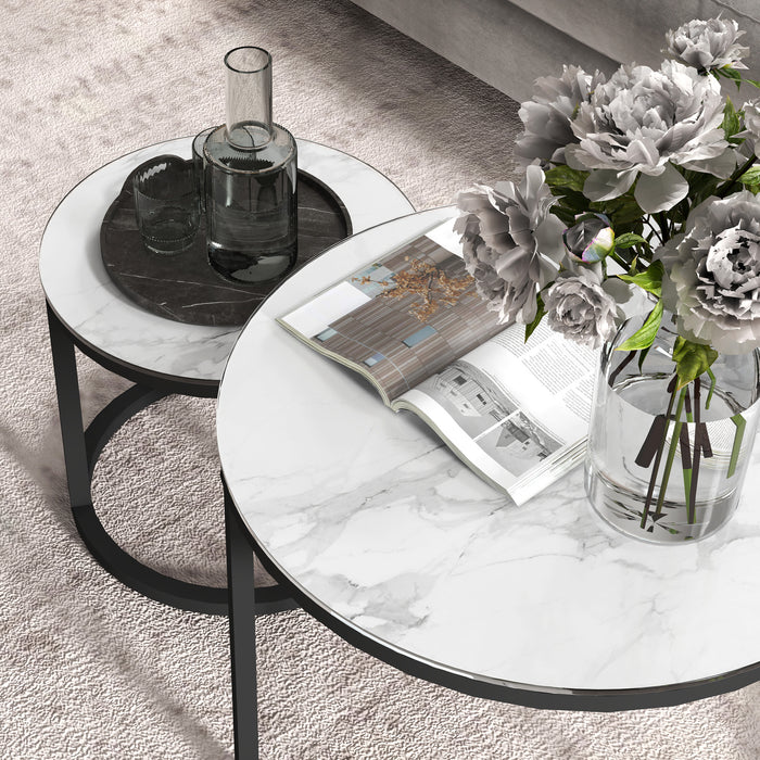 Set of 2 Round Nesting Coffee Tables with Marble Effect Glass and Steel Frame White by HOMCOM