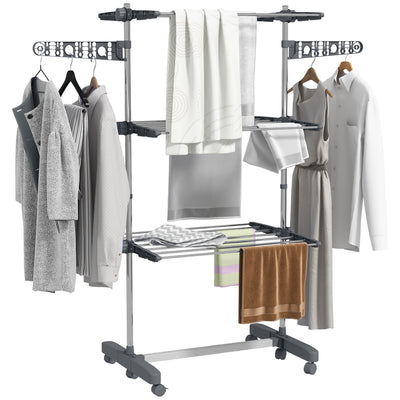 Folding Clothes Airer with Three Shelves and Side Arms on Wheels for Indoor Use, Grey