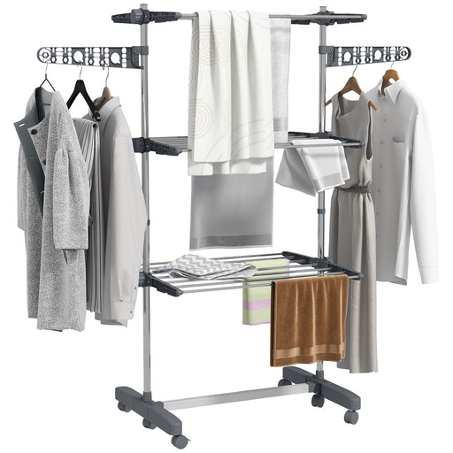 Folding Clothes Airer with Three Shelves and Side Arms on Wheels for Indoor Use, Grey
