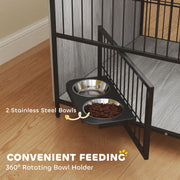 Grey Dog Crate Furniture with Rotating Bowl Holder and Double Doors for Medium Dogs by PawHut