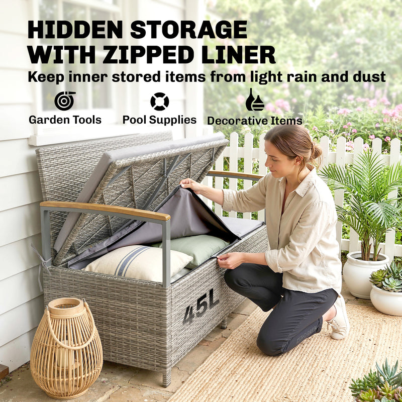 Garden Storage Bench with Hidden Compartment and Cushioned 2 Seater for Tidy Patios Light Grey Outsunny