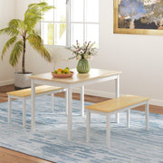 Farmhouse Dining Table and Bench Set with Sturdy Wooden Frame for Kitchen or Lounge Natural and White