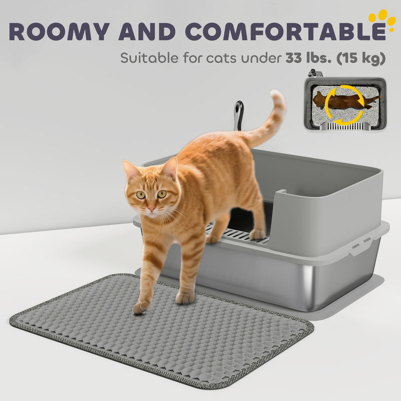 High Sided Stainless Steel Cat Litter Tray With Scoop and Mat Odour Resistant Grey