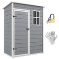 Grey 5x3ft Outsunny plastic garden shed viewed from the front with padlock, keys and gloves