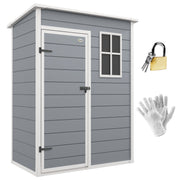 Grey 5x3ft Outsunny plastic garden shed viewed from the front with padlock, keys and gloves