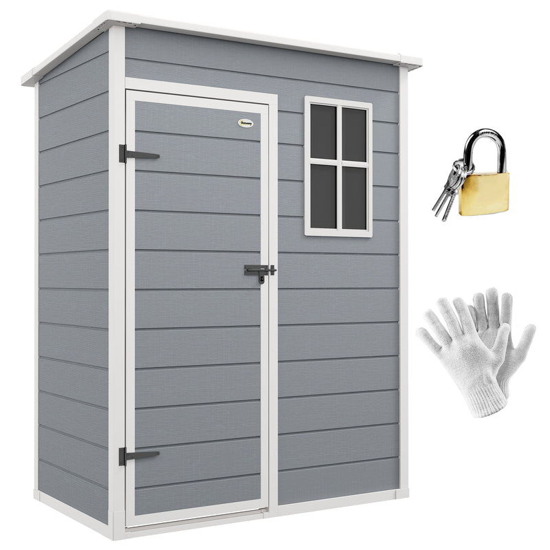 Grey 5x3ft Outsunny plastic garden shed viewed from the front with padlock, keys and gloves