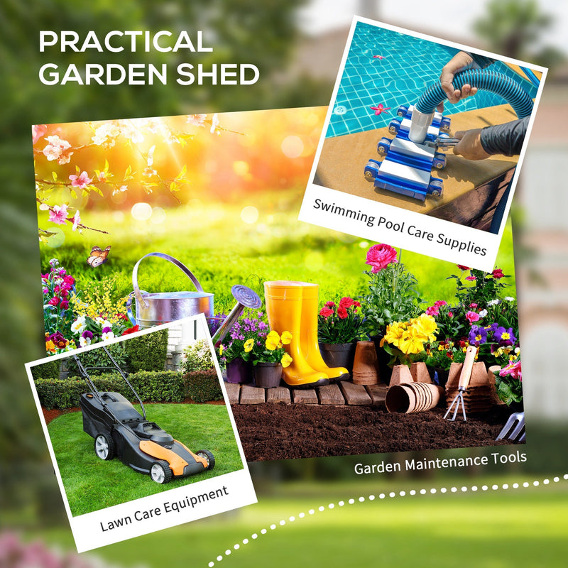 Collage of pool care supplies, lawn care equipment and garden tools the shed can store