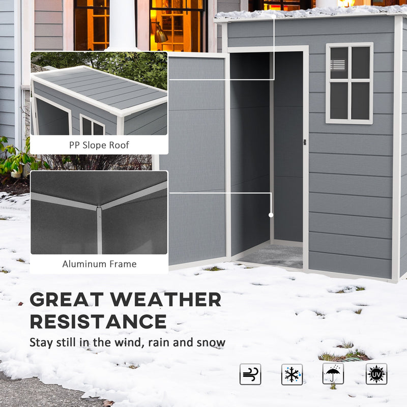 Shed standing in snow with insets showing the sloped polypropylene roof and aluminium frame