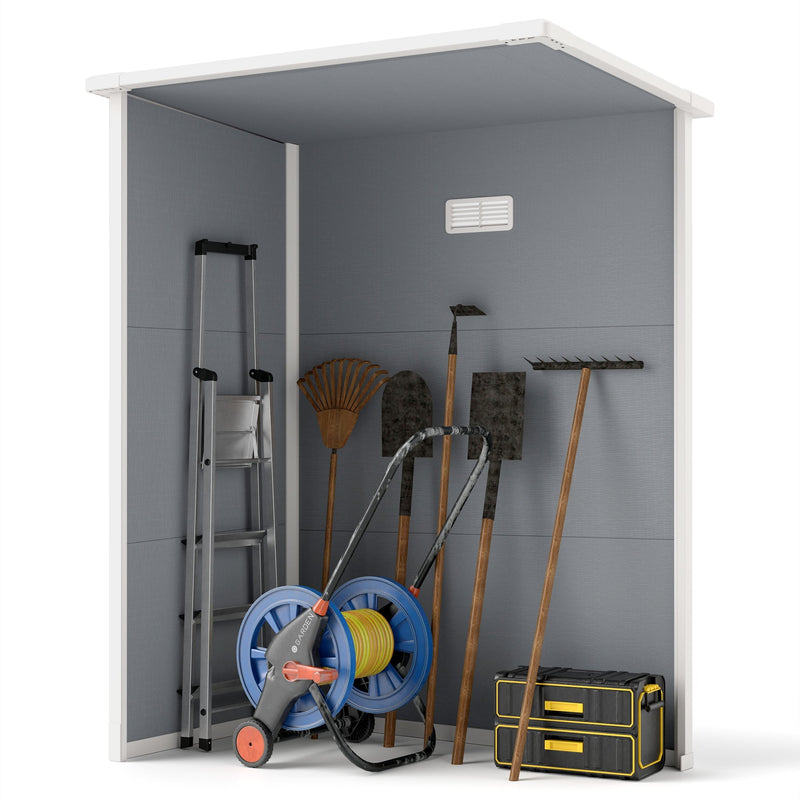Cut-away view of the shed interior holding a step ladder, rakes, a hose reel and tool cases