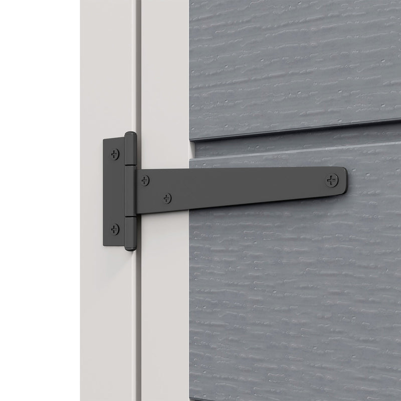 Close-up of the long black door hinge bolted to the grey wall panel of the shed