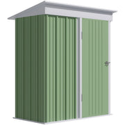 Green 5x3ft lean-to metal garden shed with white roof trim and a closed lockable door, angled view