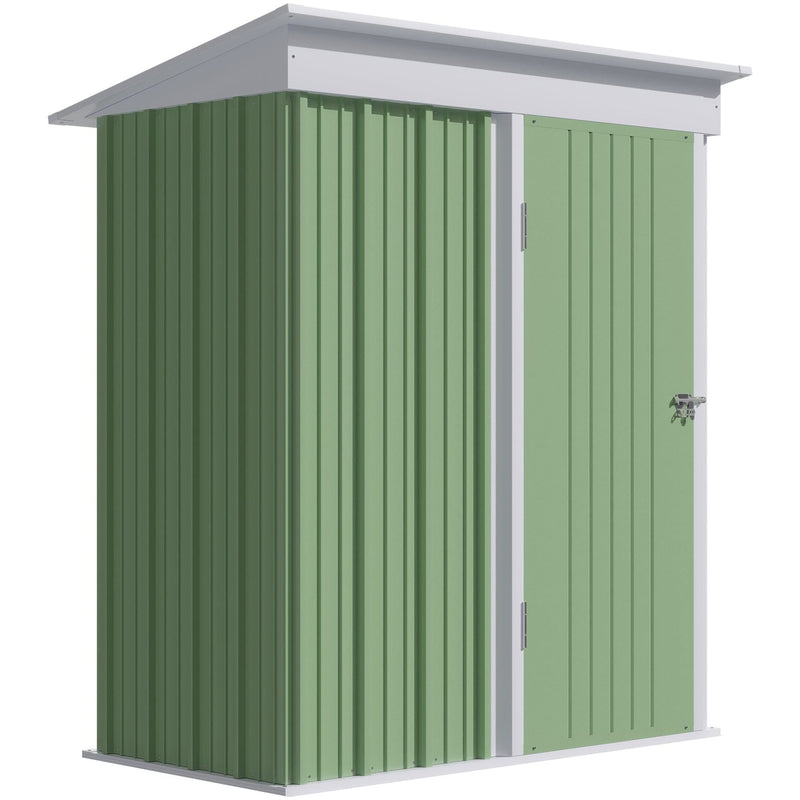 Green 5x3ft lean-to metal garden shed with white roof trim and a closed lockable door, angled view