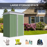 Large storage space panel showing the green shed in a garden beside a brick house