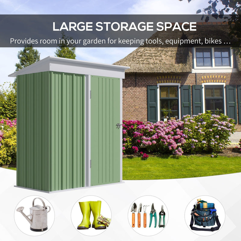 Large storage space panel showing the green shed in a garden beside a brick house