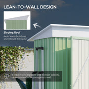 Lean-to-wall design panel showing the sloping roof and advice to stand the shed against a wall for stability