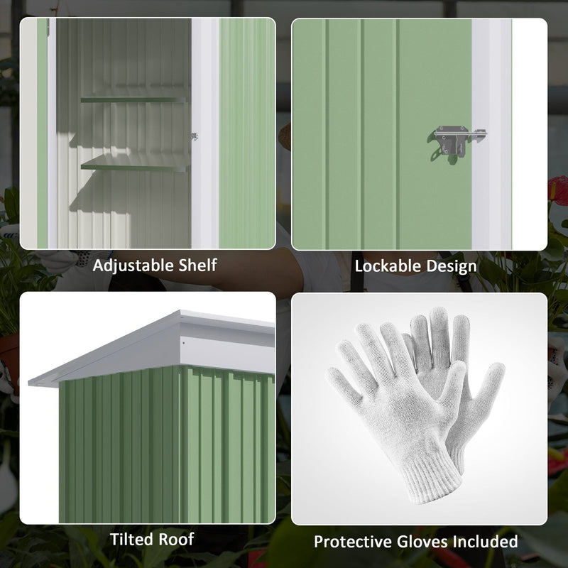 Four feature panels: the 2-tier adjustable shelf, the lockable latch, the tilted roof and the gloves supplied