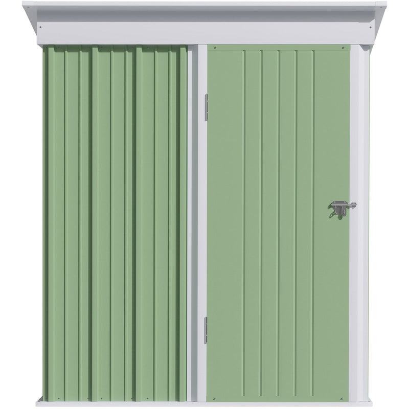 Straight-on front view of the green shed showing the white door frame, ribbed panels and door latch