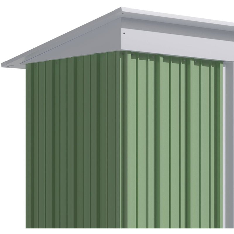 Rear three-quarter view of the green shed showing the plain back panels and the slope of the lean-to roof