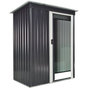 Black 5x3ft metal garden shed with its sliding door part open, studio three-quarter view