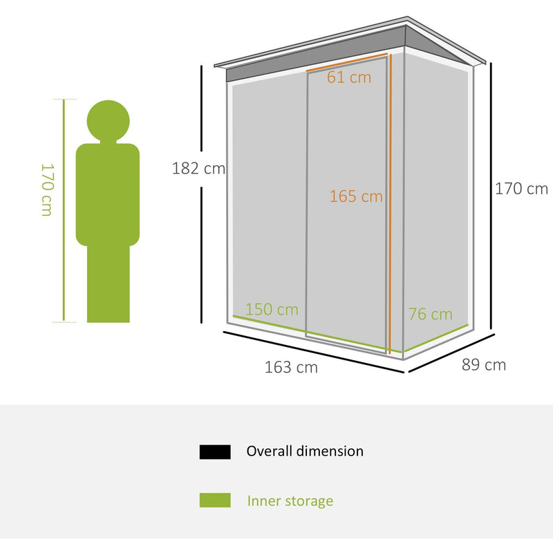 Dimension diagram showing 163 x 89cm overall, 182cm front height and 150 x 76cm inside