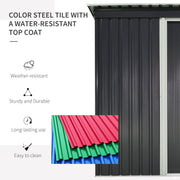Feature panel describing the water-resistant coated steel tile panels on the shed