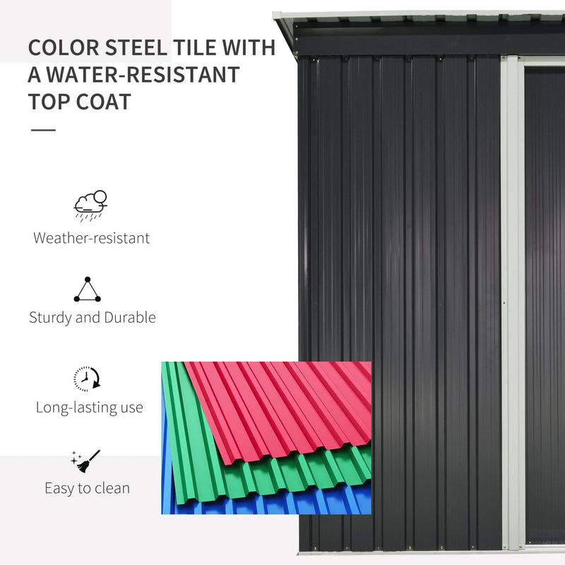 Feature panel describing the water-resistant coated steel tile panels on the shed